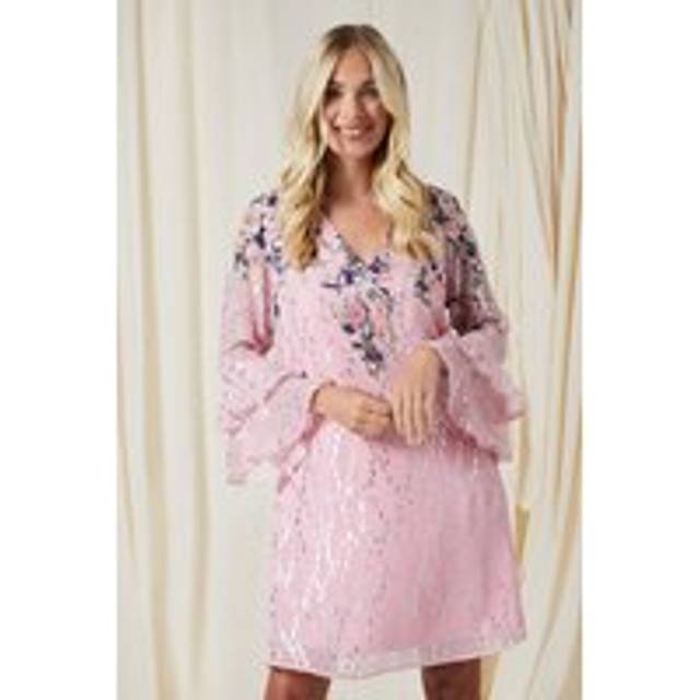 Womens Petite Floral Metallic Ruffle Sleeve Shift Dress - Pink - 10