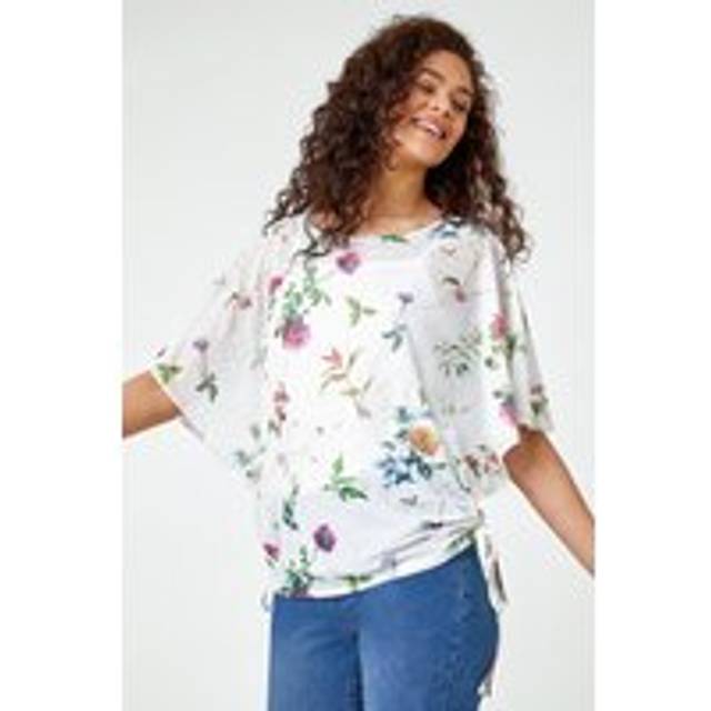 Roman Womens Floral Print Ruched Batwing Top - Ivory - Size 20 UK