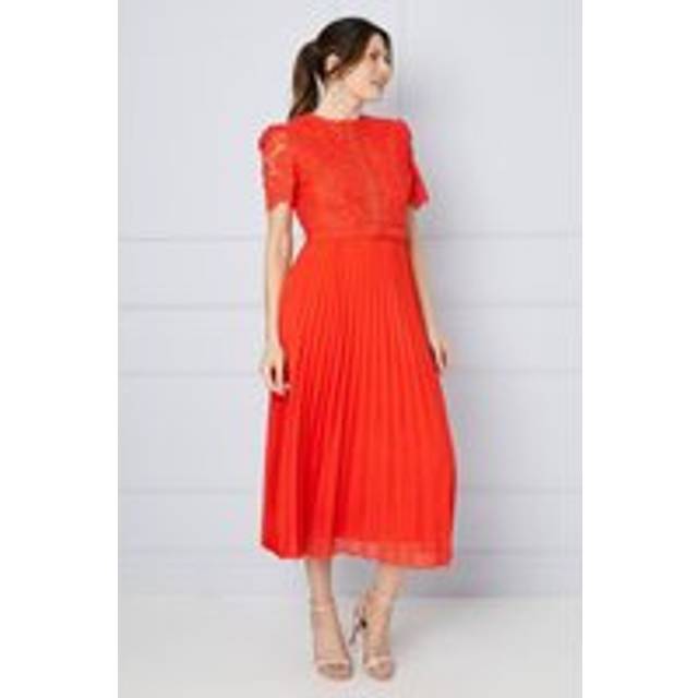 Womens Premium Lace Belted Pleated Midi Dress - Coral - 14
