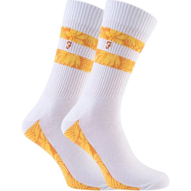 Farah - 2 Pairs Mens Cotton Ribbed White Sports Socks with Red Blue Yellow Stripes - FVS006WHGD - Size UK 6-11