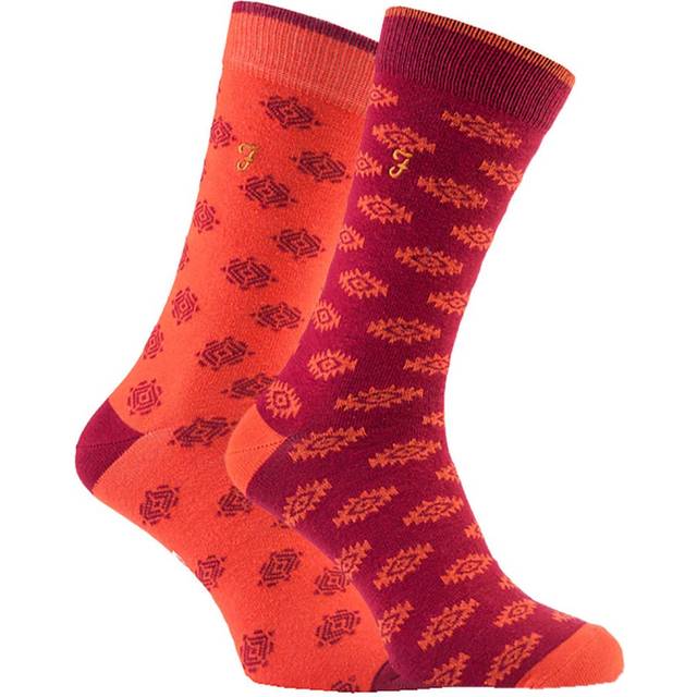 Farah - 2 Pairs Mens Retro Cotton Rich Luxury Formal Dress Socks with Funky Patterns - FVS010ORG - Orange - Size UK 6-11