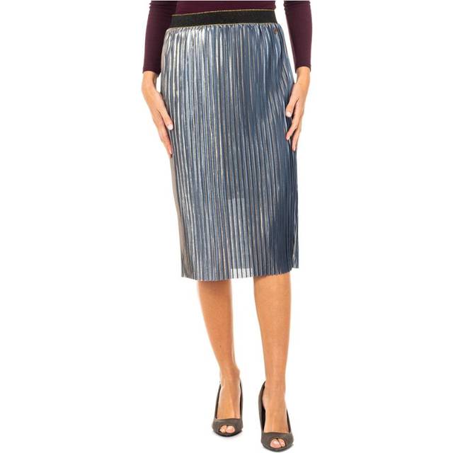 Straight cut skirt with shiny and horizontal effect KWKG01 woman S silver lake blue