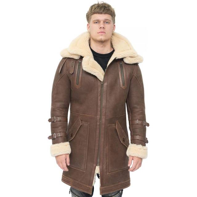 Infinity Leather Mens 3/4 Warm Sheepskin Trench Coat-Medina - Brown - Size Small