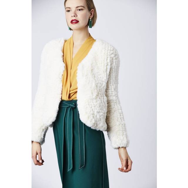 Jayley Womens Hand Knitted V-Neck Faux Fur Coat - Cream - One Size