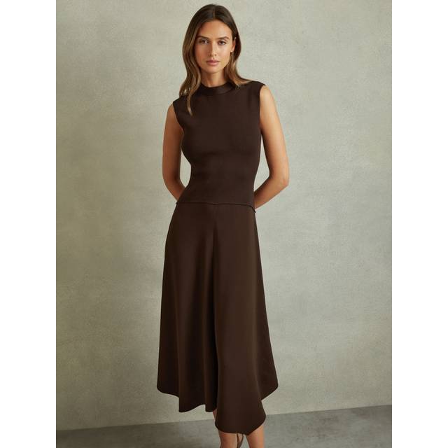 Reiss Womens Chocolate Lani High-neck Asymmetric Knitted Midi Dress M - CHOCOLATE