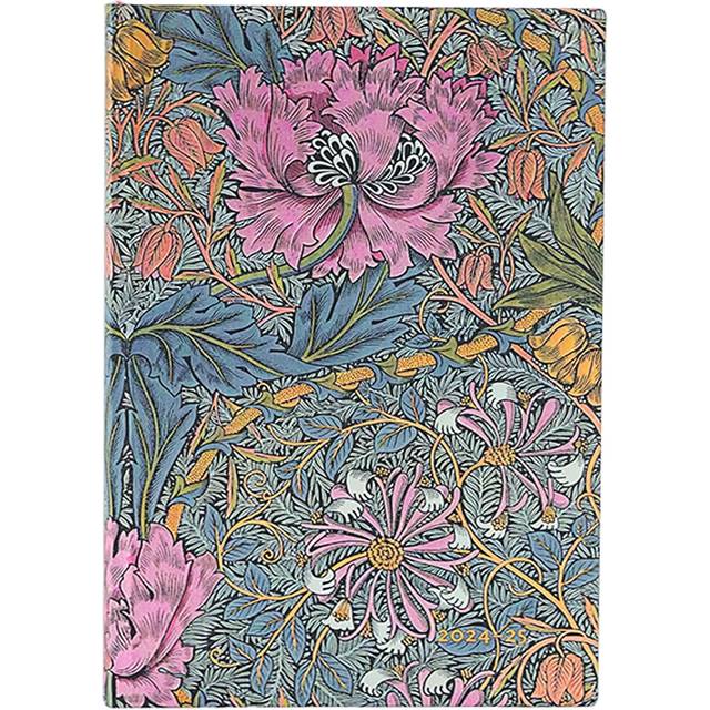 Morris Pink Honeysuckle (William Morris) Midi 18-month Horizontal Softcover Flexi Dayplanner 2025 (Elastic Band Closure)