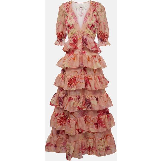 Puff Sleeve Tiered Skirt Long Dress Blossoms and Brushstrokes, S