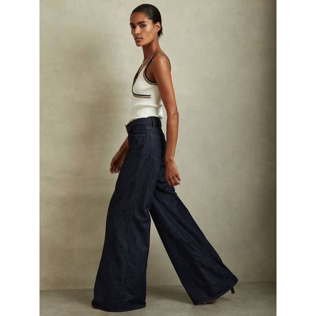 Reiss Womens Dark Blue Luca Belted-waist Wide-leg High-rise Jeans 30r - DARK BLUE