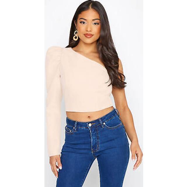 Pixiegirl Pink Ruched Sleeve One Shoulder Crop Top 16 Pixiegirl | Petite Women's Long Sleeve Tops
