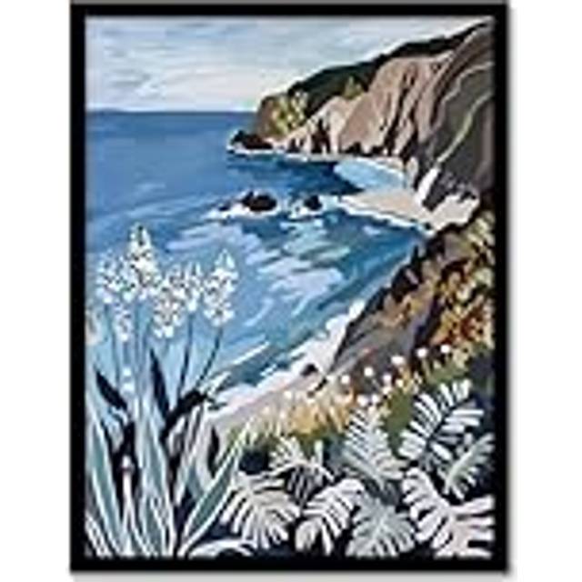 Cornish Coast Painting Cornwall Wildflowers Framed Art Print - Blue - A4