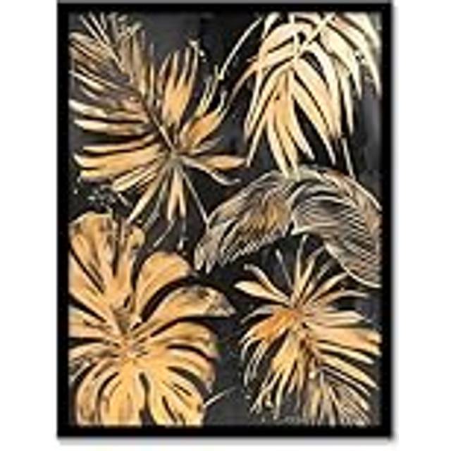 Golden Monstera Leaf Palm Frond Dark Plant Lover Framed Art Print - Metallics - A4