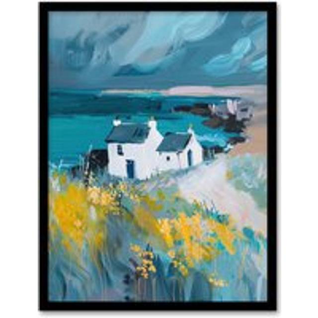 Coastal Scottish Cottage Wildflowers Oil Painting Framed Art Print - Blue - A4