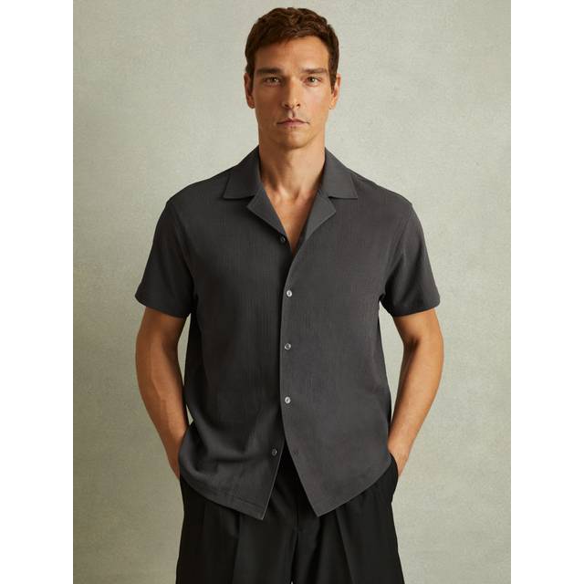 Reiss Mens Steel Grey Hunt Cuban-collar Short-sleeve Stretch-woven Shirt S - STEEL GREY