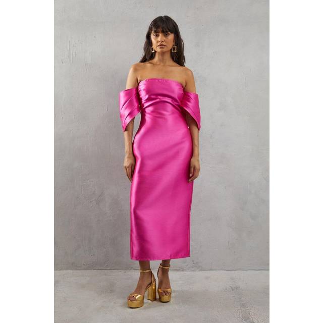 Womens Structured Puff Sleeve Bardot Midi Dress - Pink - 12