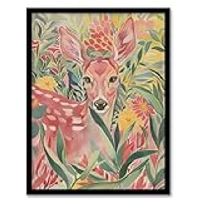Deer in Flower Field Pastel Colour Painting Framed Art Print - Pink - A4