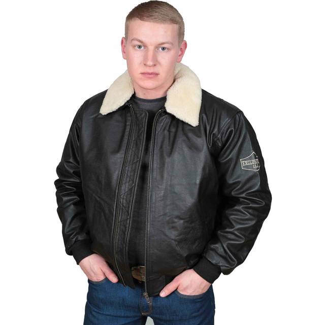 Mens pilot leather jacket will black removable collar fitted bomber aviator coat