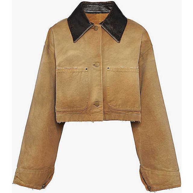 Prada Womens Neutral Leather-collar Cropped Cotton Jacket 2 - NEUTRAL
