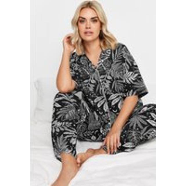 Yours Curve Black Midnight Palm Print Button Through Pyjama Set - 38-40