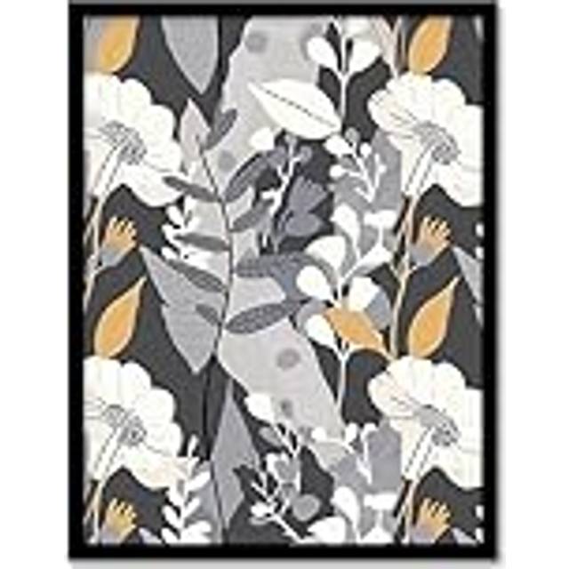 Grey Orange Wildflower Design Floral Pattern Framed Art Print - A4