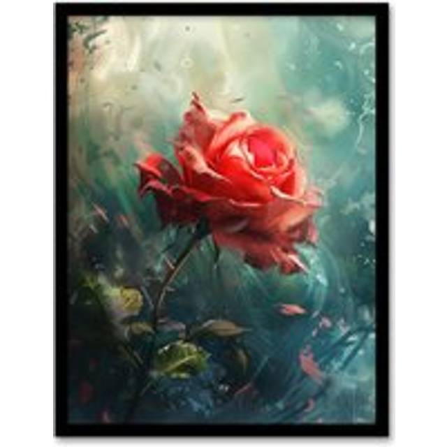 Single Red Rose Flower Morning Mist Painting Framed Art Print - Blue - A4