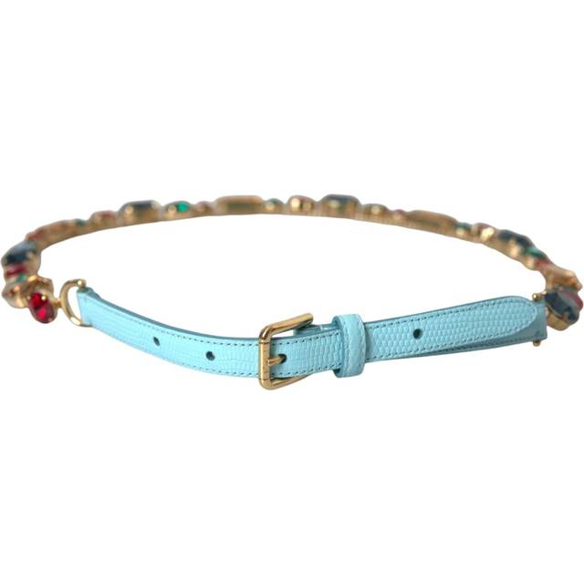 Dolce & Gabbana Light Blue Leather Crystal Chain Waist Belt - 85 cm / 34 Inches