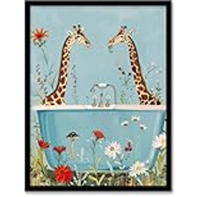 Giraffe Bath Time Surreal Floral Nature Painting Framed Art Print - Blue - A4