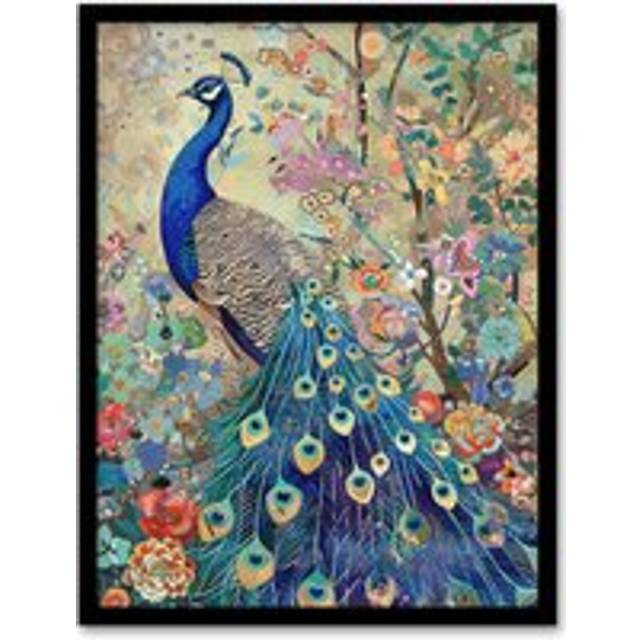 Detailed Blue Peacock Wildflower Forest Painting Framed Art Print - Green - A4