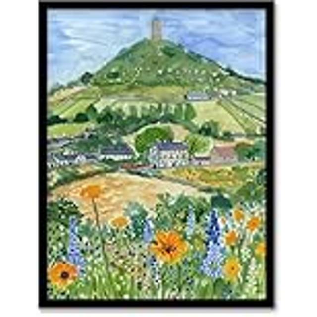 Glastonbury Tor Spring Floral Somerset Painting Framed Art Print - Green - A4