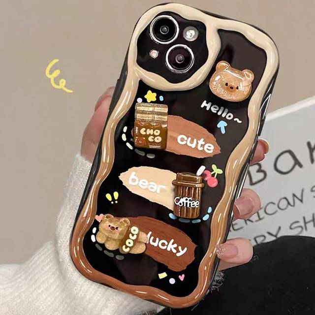 SHEIN Teddy Bear Apple Coffee Cup 1pc Resin Craft Diy Cartoon Bear Cream Shell Tpu Soft Phone Case Compatible With Iphone