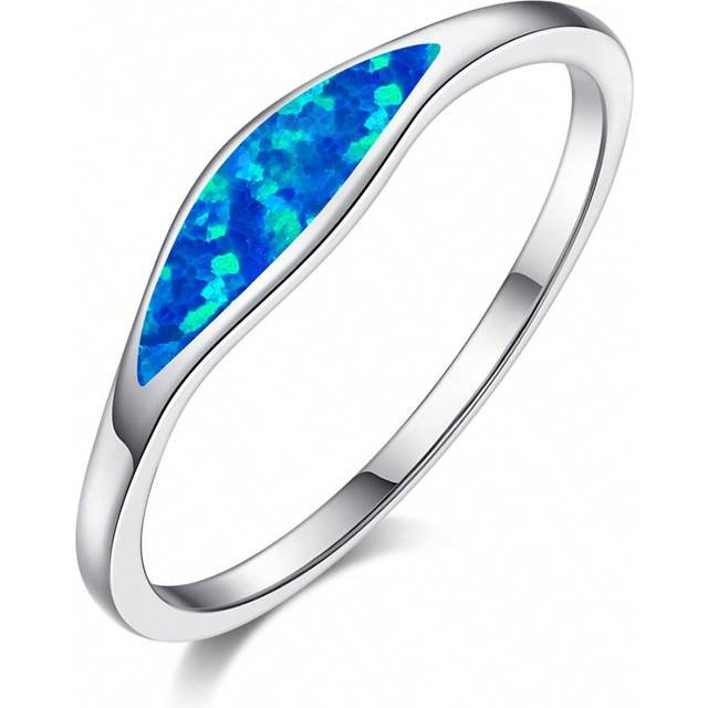 SHEIN 1pc Elegant Sterling Silver Olive-Shaped Blue Australian Opal Ring, Women Engagement/Wedding/Anniversary/Birthday Gift