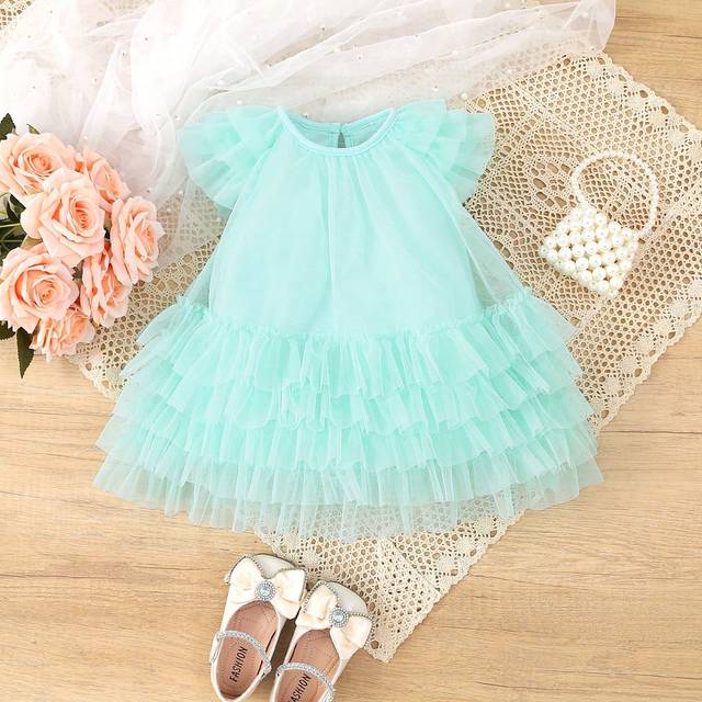 SHEIN Baby Girl Elegant Flutter Sleeve Long Layered Mesh Puff Princess Dress For Summer