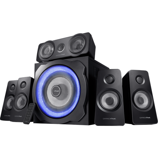 Trust Gaming GXT 658 Tytan 5.1 5.1 Högtalarset med Subwoofer av Trä och Total RMS-uteffekt på 90 Watt (180 Watt maxeffekt) - Svart