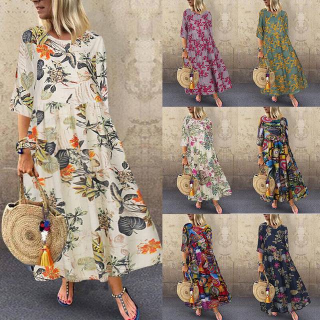 Uk 8-24 women summer floral printed holiday casual loose kaftan maxi long dress