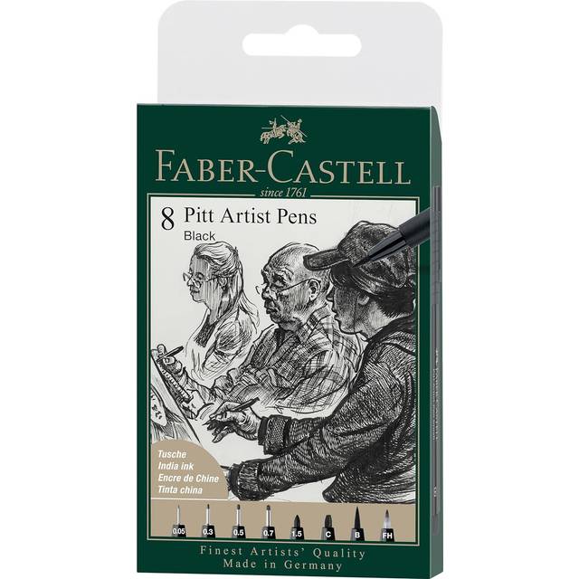 Faber-Castell PITT Artist Pen India Ink Pen - wallet of 8 - colour 199 black - XXS, S, F, M, B, C, 1.5, Fude Hard