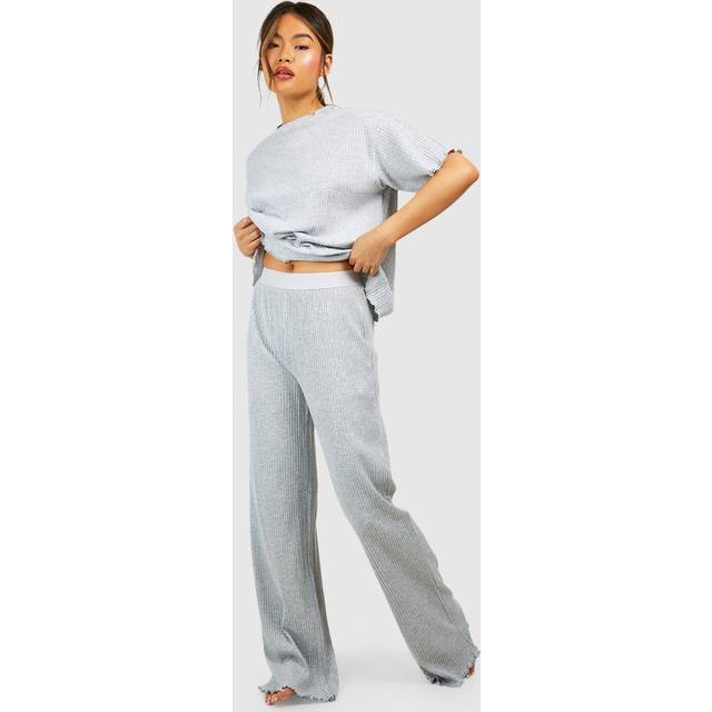 Womens Loungewear Rib Wide Leg Trousers - Grey - 8