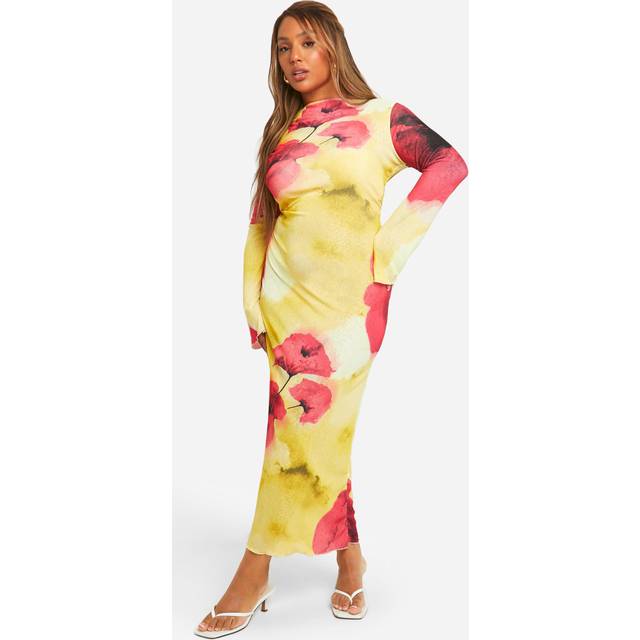 Womens Plus Sheer Scoop Back Floral Maxi Dress - Yellow - 16, Yellow