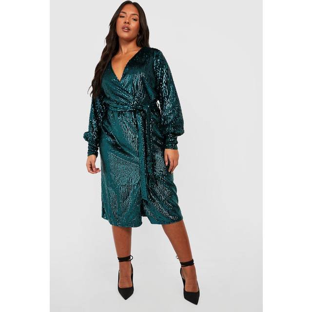Womens Plus Matte Sequin Wrap Midi Dress - Green - 18, Green