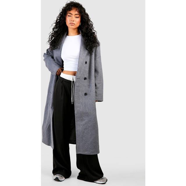 Womens Oversized Shoulder Pad Double Breast Maxi Wool Coat - Grey - 16, Grey