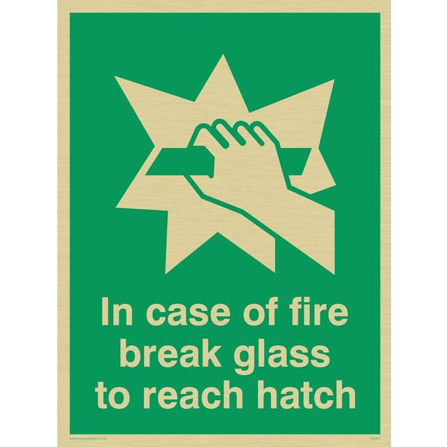 Vikingskyltar SA407-A5P-G "In Case Of Fire Break Glass To nå hatch" skylt, styv guldplast, 200 mm H x 150 mm B