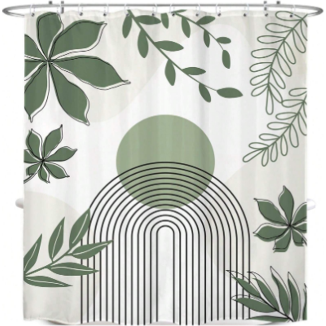 SHEIN Sage Green Abstract Shower Curtain Inches Boho Mid Century Minimalist Geometric Leaves Arch Vintage Modern Cloth Fabric Waterproof Polyester Bathroom