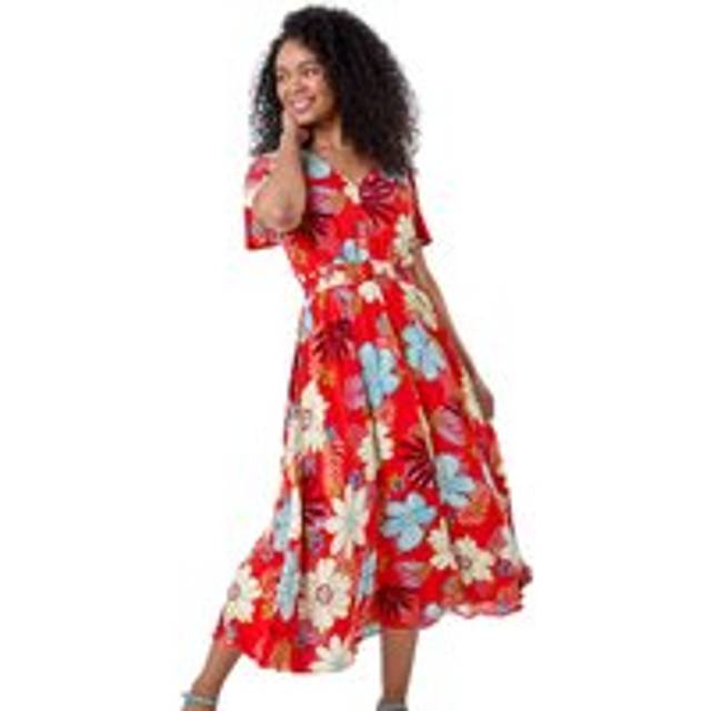 Roman Petite Red Floral Print Shirred Midi Dress - Size 8