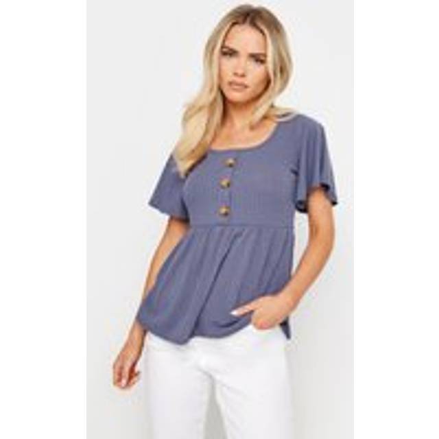 Pixiegirl Petite Blue Ribbed Button Detail Smock Top 18 Pixiegirl | Petite Women's Basic Tops & T-Shirts