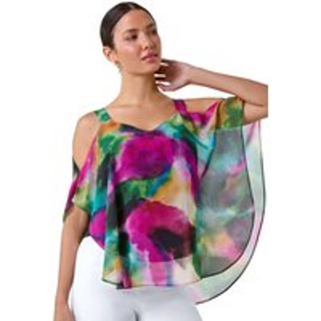 Roman Forest Abstract Print Cold Shoulder Overlay Top - Size 12