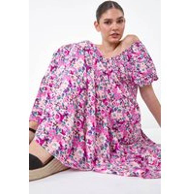 Ditsy Floral Shirred Bardot Tiered Dress - Pink - 10
