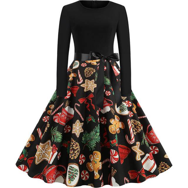 (XL, black44) Woman Fall Winter Tunic Dress Christmas Print Flare Dress for Women Long Sleeve Dress Swing Prom Dress Party Casual Dresses