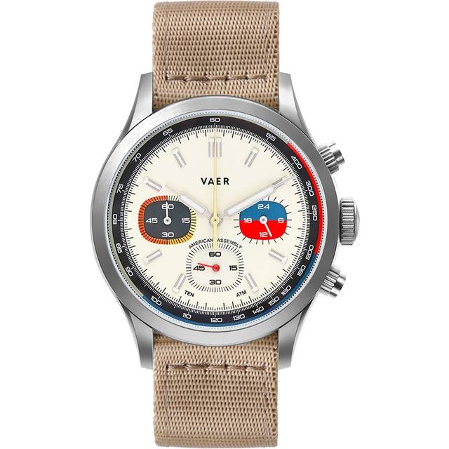 R1 USA Rally Chronograph - Cream 40mm - FKM Waffle Strap - Black ($40 Value) / Lined Horween Leather - Tan (+$120)