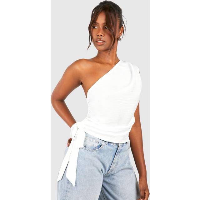 Womens Linen Look Asymmetric Ruched Blouse - White - 12