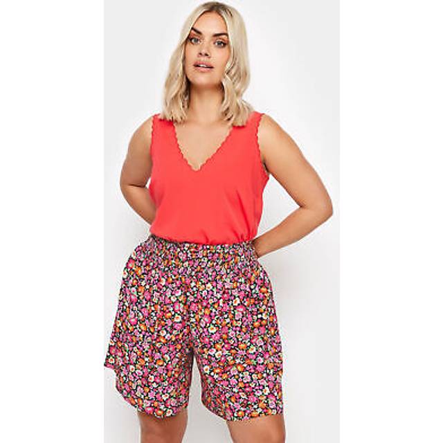 Yours Curve Pink Ditsy Floral Print Shirred Shorts, Women's Curve & Plus Size, Yours - 26-28