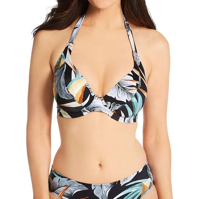 Multi Printed Bamboo Grove Halter Bikini Top - Black (34D)