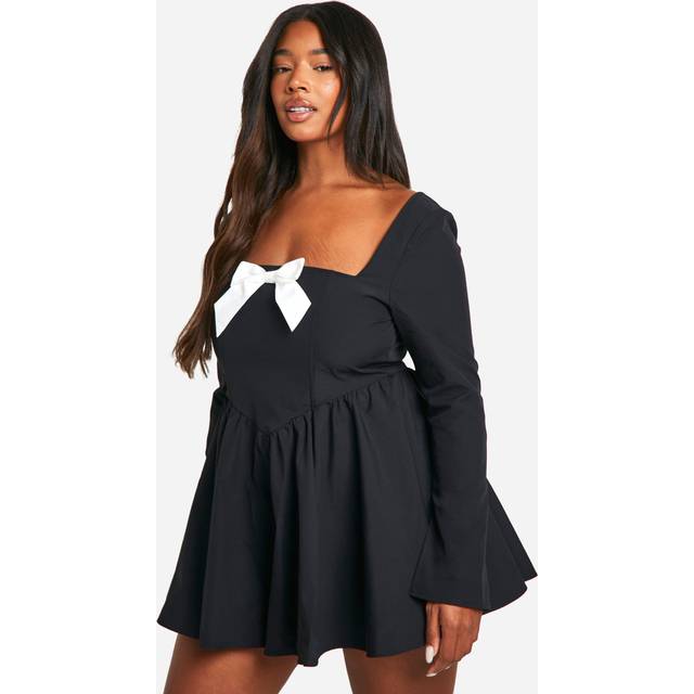 Womens Plus Woven Contrast Bow Long Sleeve Floaty Playsuit - Black - 16, Black